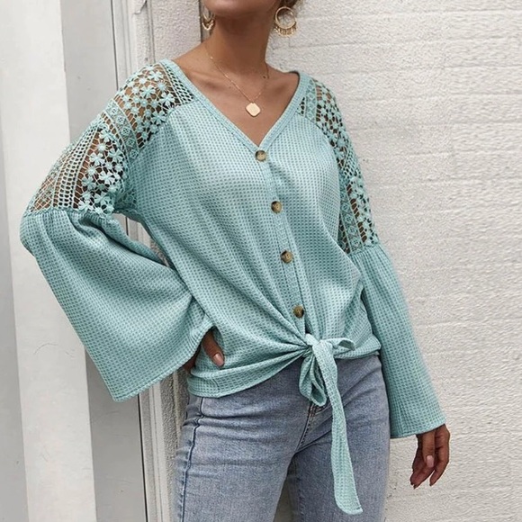 Lace Crochet Waffle Knit Button Long Sleeve Top - Picture 3 of 4